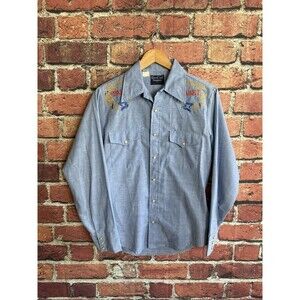 Vintage DeeCee Rangers Pabst Blue Ribbon Mens L Blue Western Shirt Pearl Snap
